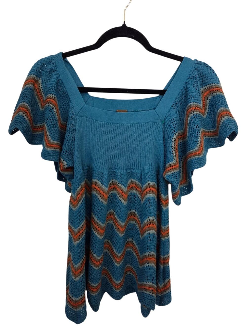 Free People Blue Orange Boho Crochet Knit Flutter Sleeve Top Size S XS